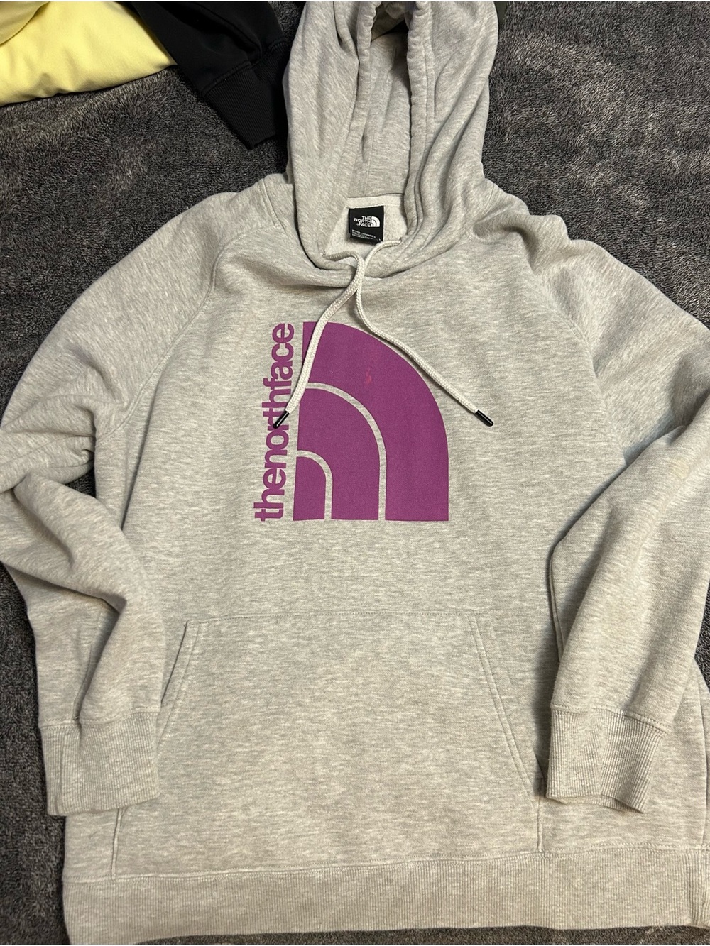The North Face Light Gray Hoodie with Purple Logo